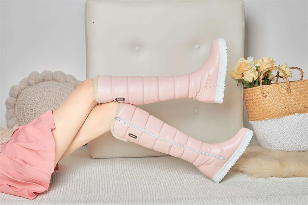 Winter Warm Rosa Weiß Schnee Frauen Schuhe 2024 Niedrigen Absätzen Knie Hohe Stiefel Weibliche Plattform Plüsch Lange Boote Mujer Schwarz_voghion.com