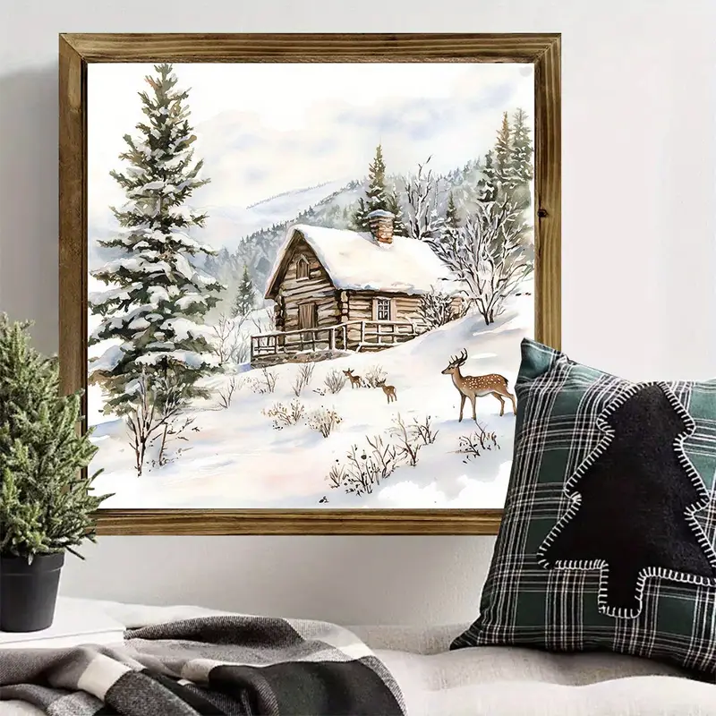 20x20 cm rustik julstuga och renväggkonst - fyrkantig träram, horisontell polerad träfinish, lätt presentplakett för högtider_voghion.com
