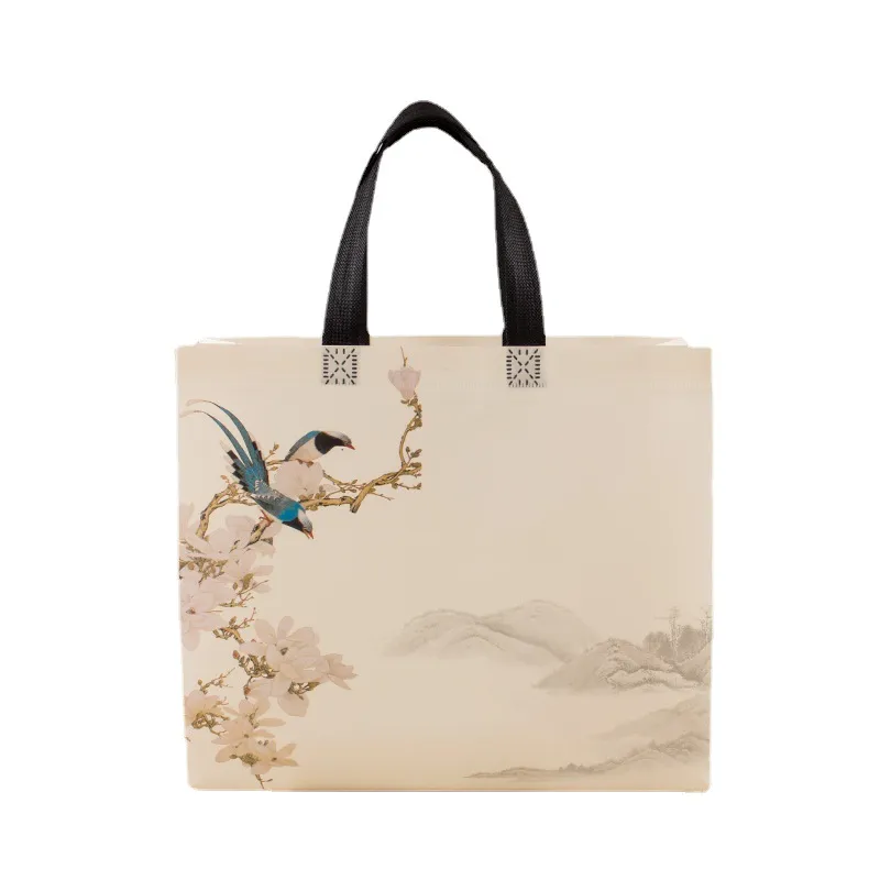Non-woven Shopping Eco Large Capacity Portable Storage Pouch Flower Bird Print Handbag Reusable Foldable Shoulder Bag_voghion.com