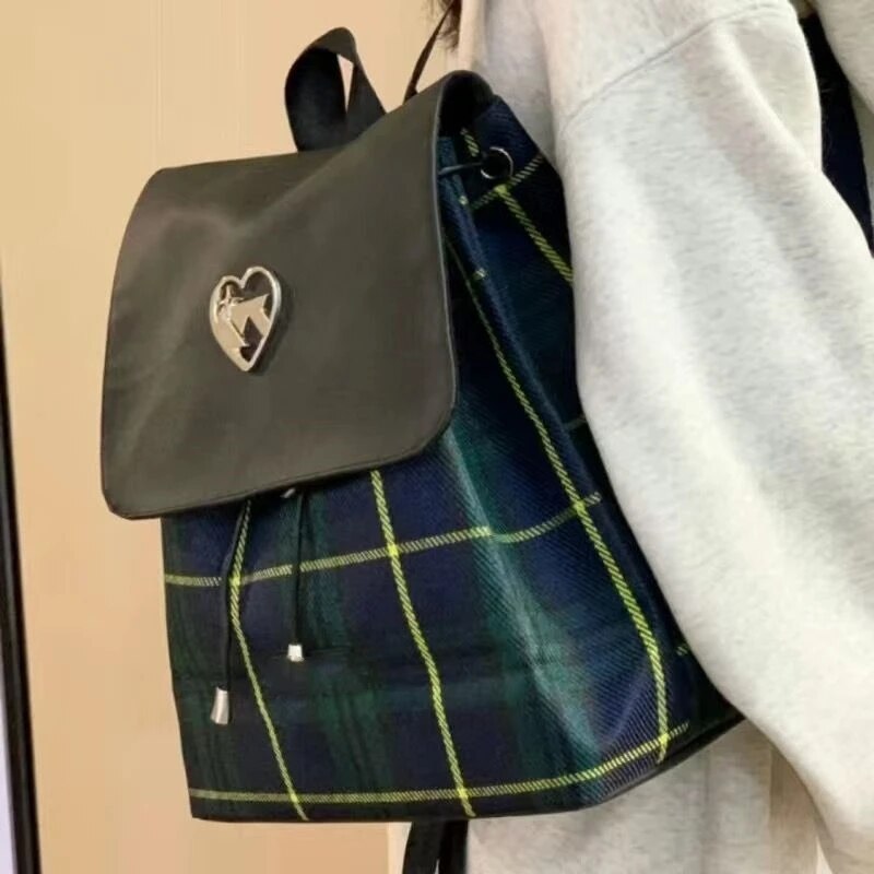 Japa Cavas Drawstrig Backpack Preppy Style Cute Plaid Prit Bag Studet Casual High Capacity Small Tote Bags For_voghion.com