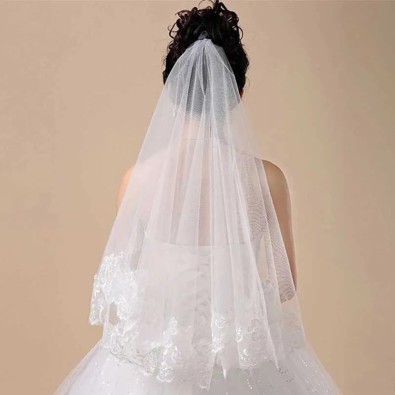 Gioielli per capelli Donna Velo da sposa corto da sposa Bianco Uno strato di fiori in pizzo con bordi applicati_voghion.com