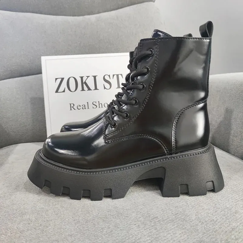 Patent Leather Platform Ankle Boots For Women Motorcycle Style_voghion.com