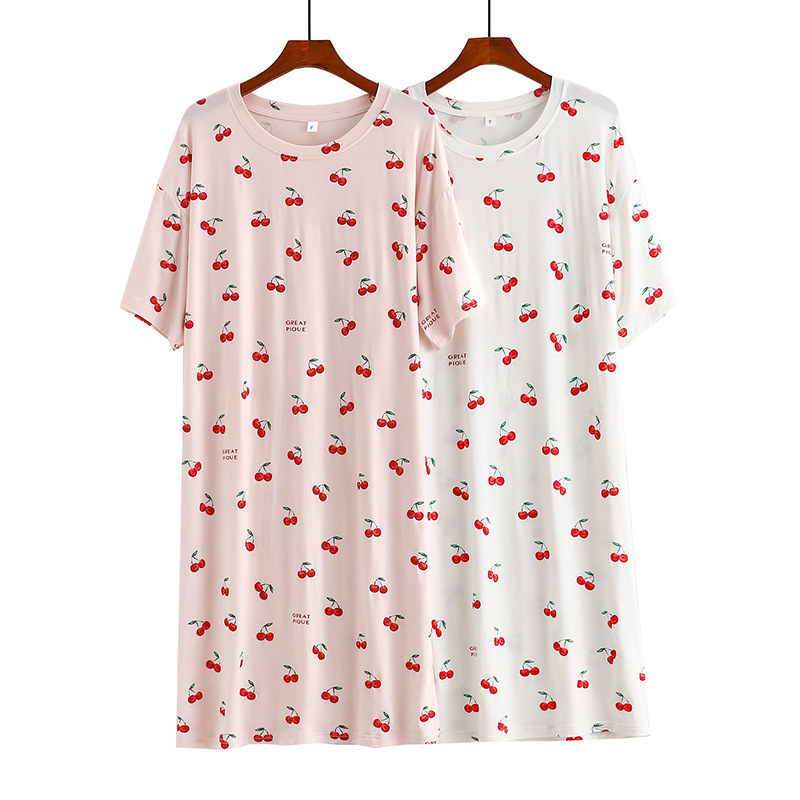 Pijamas femininos Cherry Modal camisola de manga curta pijama feminino solto gola redonda vestido de comprimento médio_voghion.com