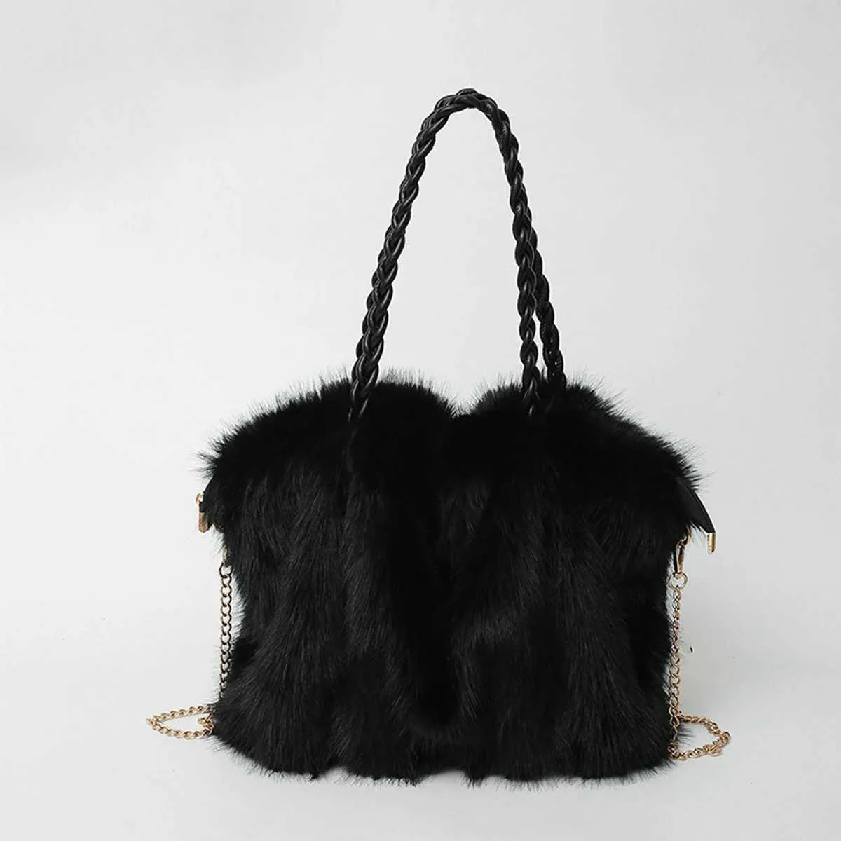 Sac de créateur pour femme en peluche à la mode, grande capacité, haut de gamme, en fourrure de renard plissée, bandoulière avec chaîne en métal_voghion.com