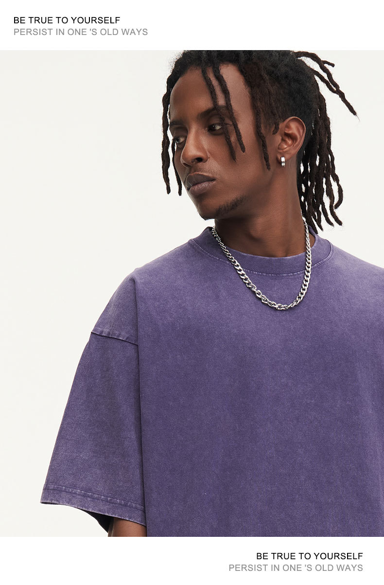 T-shirt da uomo 2024 a maniche corte nuova con scollo tondo top alla moda Instagram invecchiato tinto in cera oversize sciolto_voghion.com