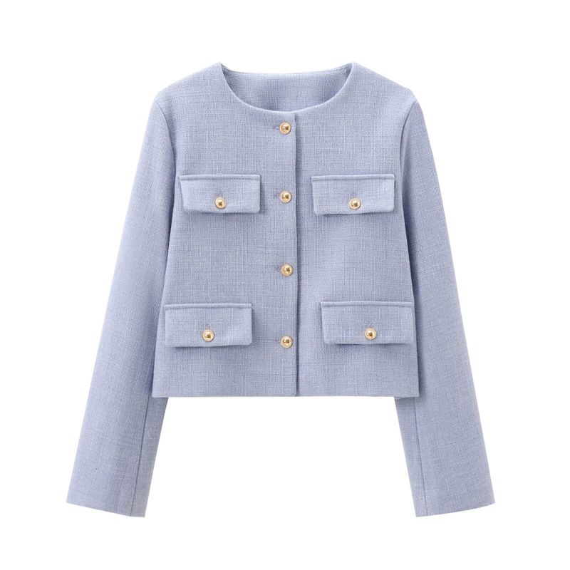 Damenbekleidung Mode Knopf Dekoration kurze Anzugjacke_voghion.com