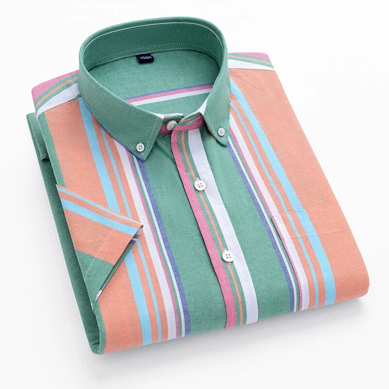 Neu Herren Gestreiftes Mode Kurzarm 100% Baumwolle Oxford Plaid Business Button Down Regular Fit Bürohemd Mann_voghion.com