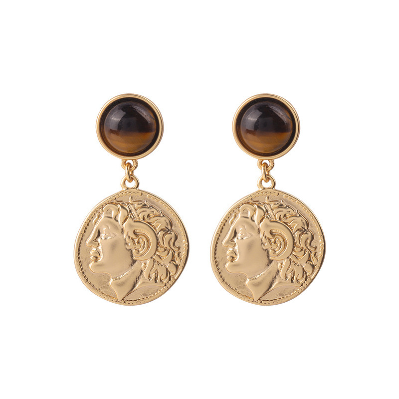 French retro medical earings with embedded gold coins, light, high end feeling, nice atmosphere, pending necklace for_voghion.com