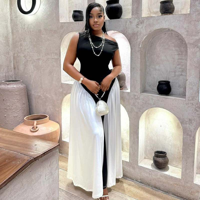 Women's Clothing Color Contrast High End Sleeveless Temperament Long Skirt Dress