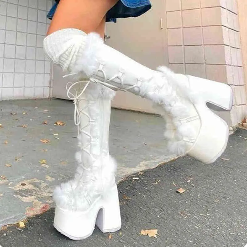 Lapolaka 2022 Fashion Waterproof Platform Heel Knee High Boots Lace Keep Warm The Winter Goth Punk Women Shoes T220915_voghion.com