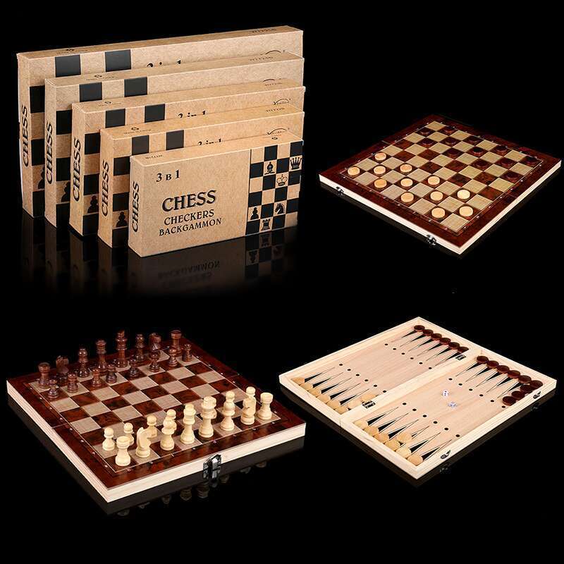Drie in één massief houten opvouwbare draagbare puzzel schaakspel strategisch intelligentie speelgoed_voghion.com