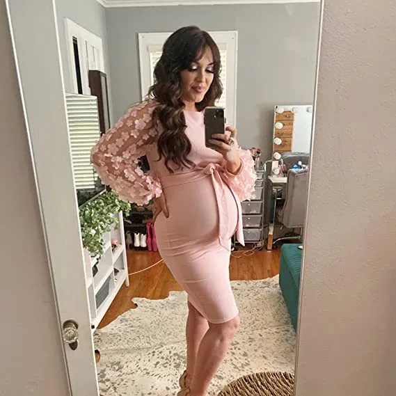Women Flower Sleeved Photography Props Stretch Long Maternity Dresses for Pregnant Photo Shoot Clothing_voghion.com
