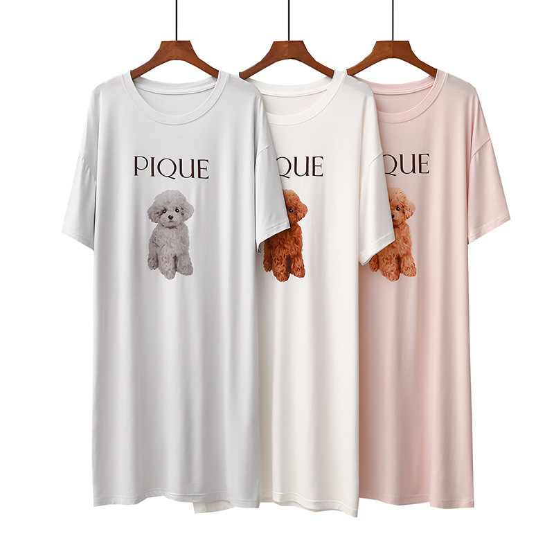  Women's Sleepwears Nightdress women's thin comfortable crew-neck short-sleeved mid-length pajamas_voghion.com