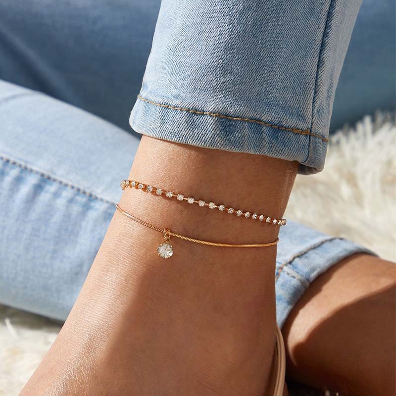 Schmuck Kreative Einfache Neue Doppelschicht Eingelegte Diamant Schlange Knochen Fußkettchen_voghion.com