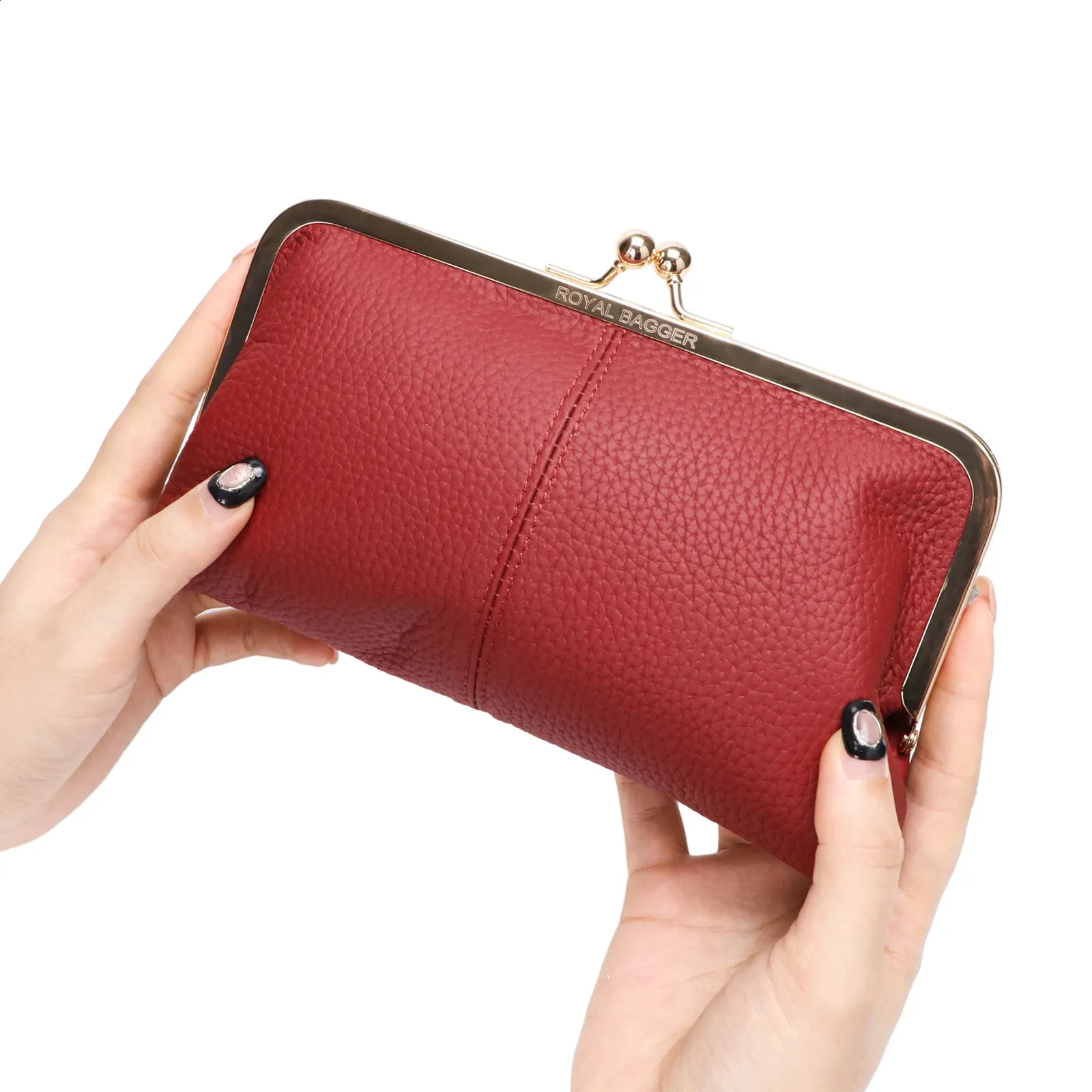 Royal Bagger Kiss Lock Geldbörse für Damen, echtes Rindsleder, großes Fassungsvermögen, Kartenhalter, modische Clutch, Handy-Geldbörse_voghion.com