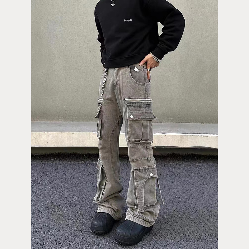 ​​Vintage Washed Gray Cargo Pants – Relaxed Wide-Leg Fit, Multi-Pocket Utility Design, Streetwear Staple, Retro Denim Trousers For Men​​
