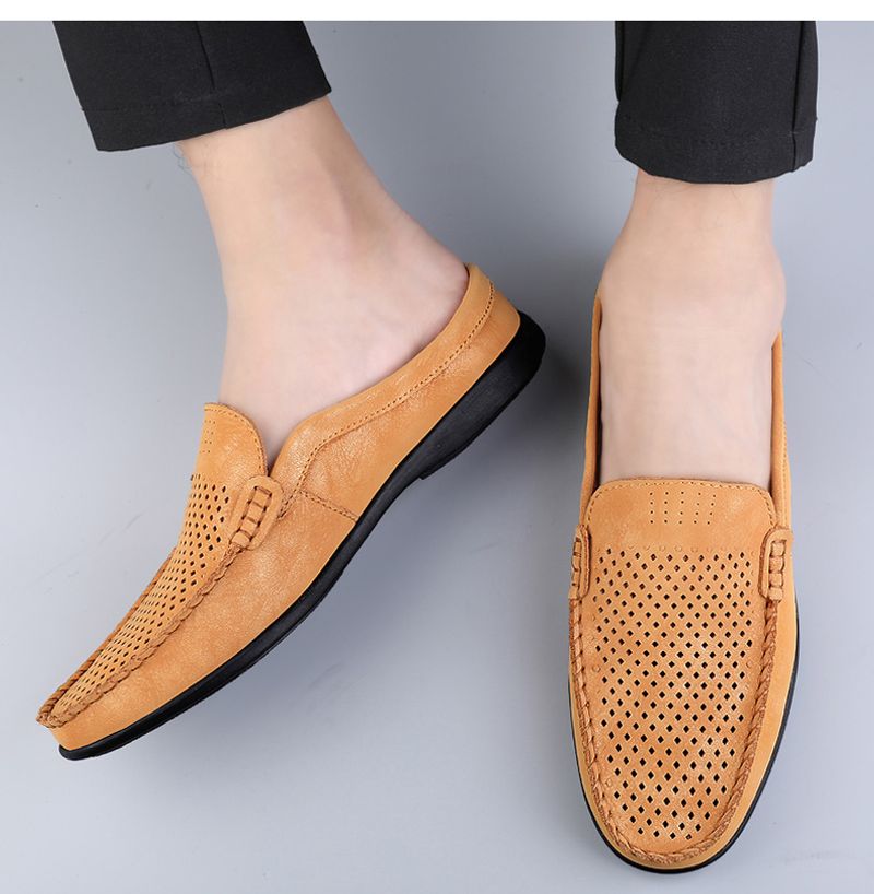 Sommer Slipper Halbschuhe für Herren Leder Slipper Casual Pantoletten Atmungsaktiv Bequeme Halbschuhe Mokassins Gelb Schwarz Beige_voghion.com