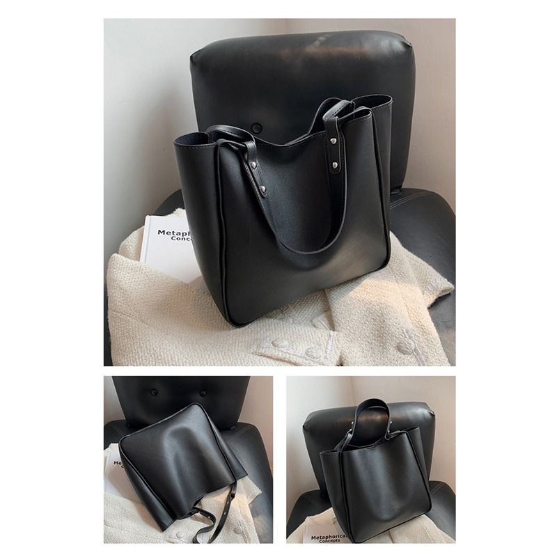 Einfache Damen Eimer Schultertaschen Neue Einfarbige Handtaschen Retro Tragetaschen Große Kapazität Pu Leder Taschen_voghion.com