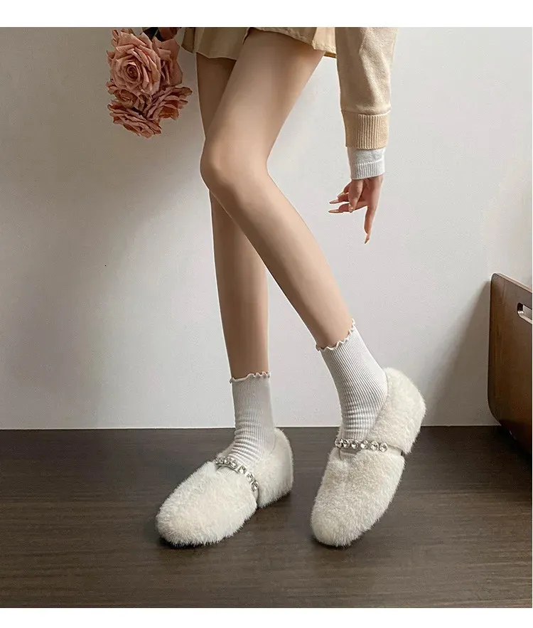 Fashion Leopard Fur Ballet Apartment Water Dia Buckle With Mary Jane Shoes Womens Winter Warm Plush Shallow Load 241122_voghion.com