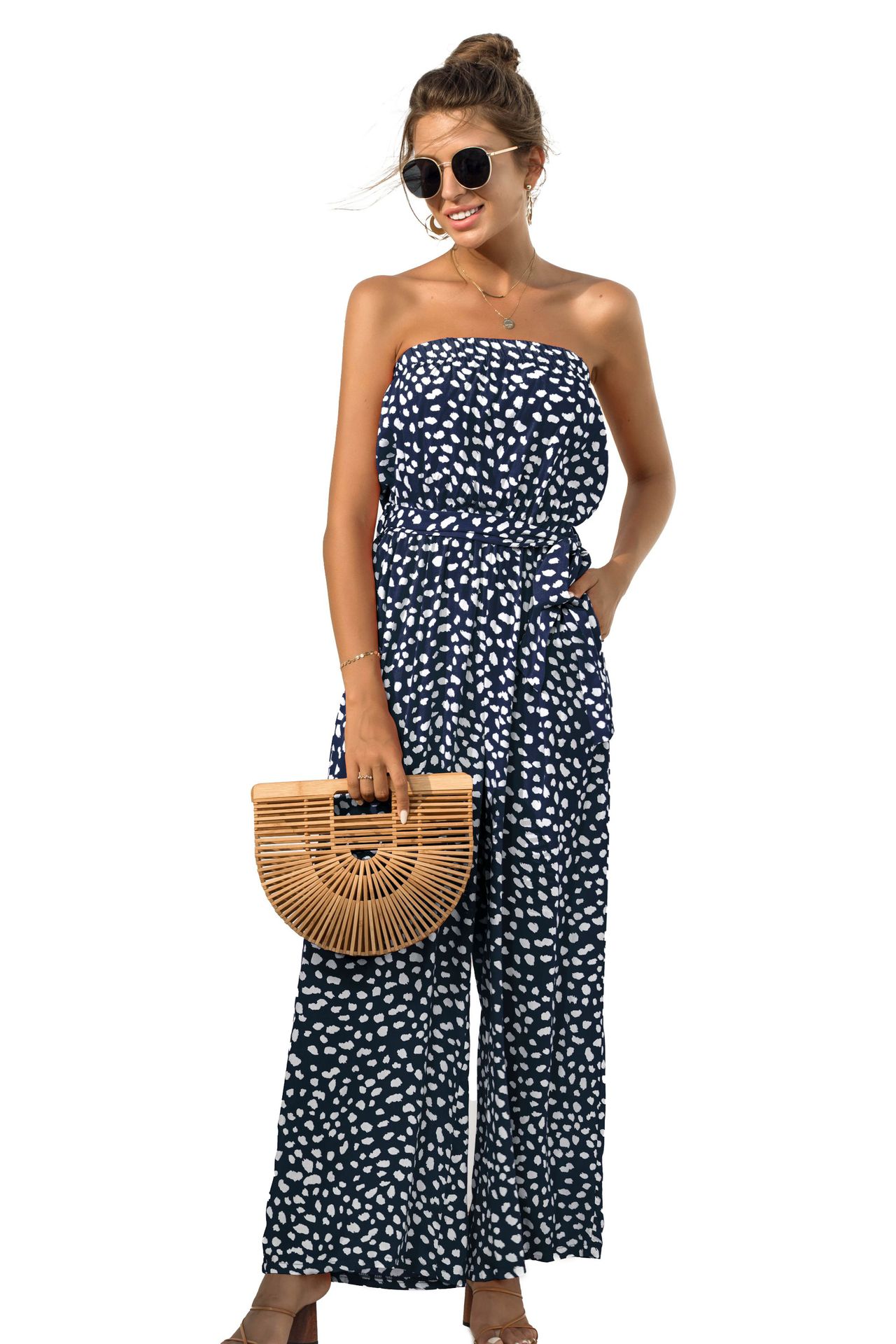 Nuevos productos de verano para mujer, nuevo mono de pierna ancha con cordones y estampado de lunares en forma de corazón y top de tubo sexy_voghion.com