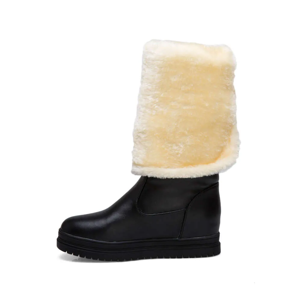 Winter Warm Rosa Weiß Schnee Frauen Schuhe 2024 Niedrigen Absätzen Knie Hohe Stiefel Weibliche Plattform Plüsch Lange Boote Mujer Schwarz_voghion.com