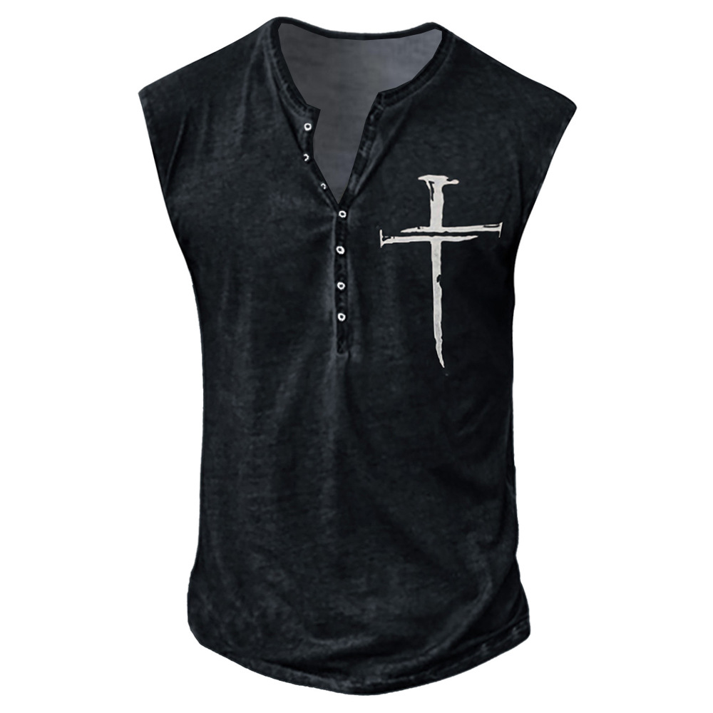 Youth Men's Cross Print Collarless Casual Tank Top Large Men's Vest_voghion.com