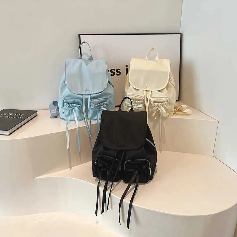 Bogen Design Frauen Kleine Nylon Rucksäcke 2024 Frühling Y2K Koreanische Mode Einfarbig Rucksack Dame Reise_voghion.com