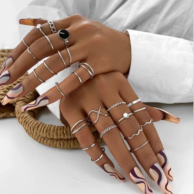 25 buc/set Vintage Dropping Oil Wave Sier Color Set pentru femei metal geometric cross deget inel 2024 bijuterii la modă cadou_voghion.com