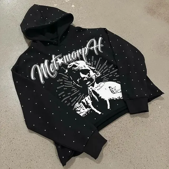 Felpe con cappuccio con strass da donna, felpe oversize nere gotiche, giacca con cappuccio Haruku retrò da donna, abbigliamento da strada Y2K_voghion.com