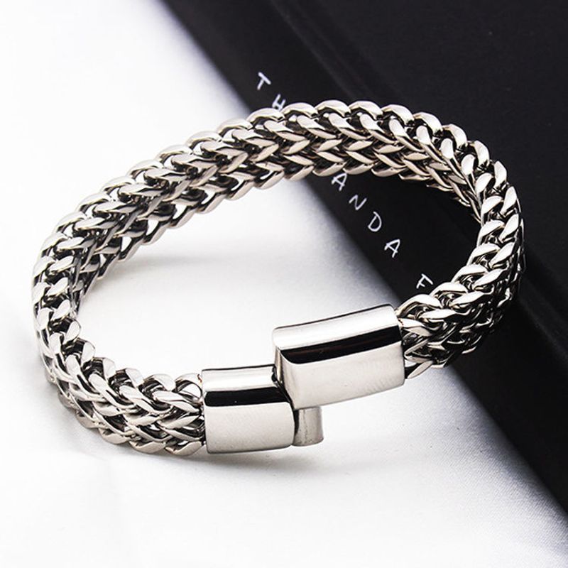 Doppellagiges kubanisches Armband für Männer, trendige Marke, verbreitertes dominantes Netz, Fischgräten-Sier-Armband, Titanstahl_voghion.com