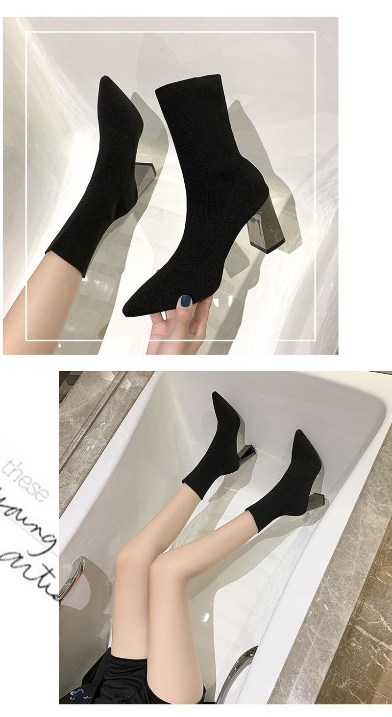 2024 New Martin British style High Heel Sock Pointed Short Women's Spring Autumn Thick Heels Slim and Ankle Boots_voghion.com