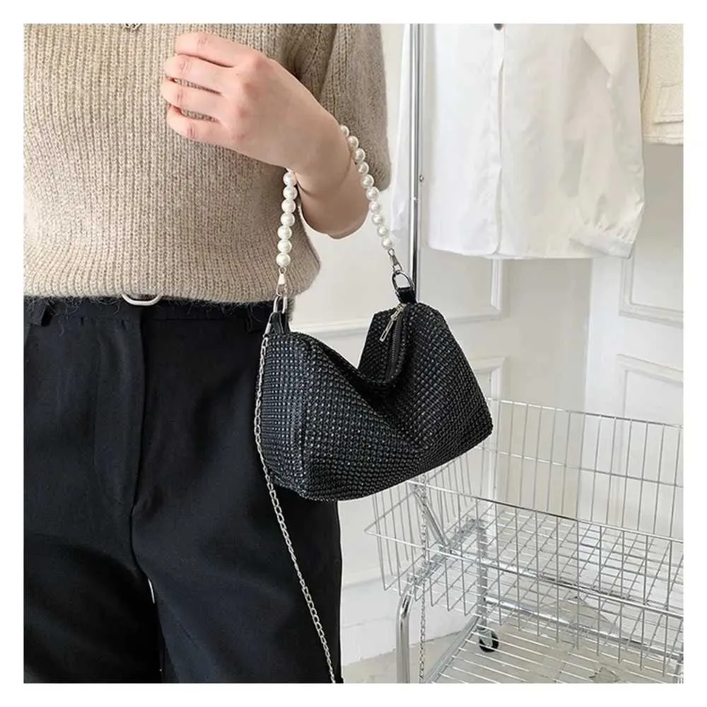 Sac messager à fermeture éclair en métal avec poignée en perles, grande capacité, sac à bandoulière décoratif à diamants brillants pour lui/voyage Y241026_voghion.com