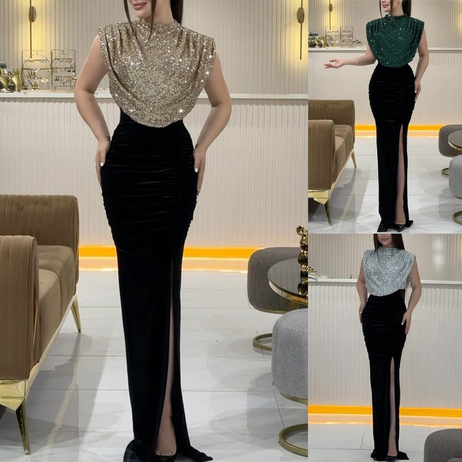 Vêtements pour femmes Robe sans manches à paillettes croisées pour le printemps et l'automne, nouvelle robe de soirée décontractée à fente INS