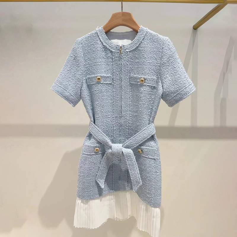 Women’s Clothing Early Spring Fashion Sky Blue Tweed Waist Patchwork Pleated Hem Round Neck Dress 24941