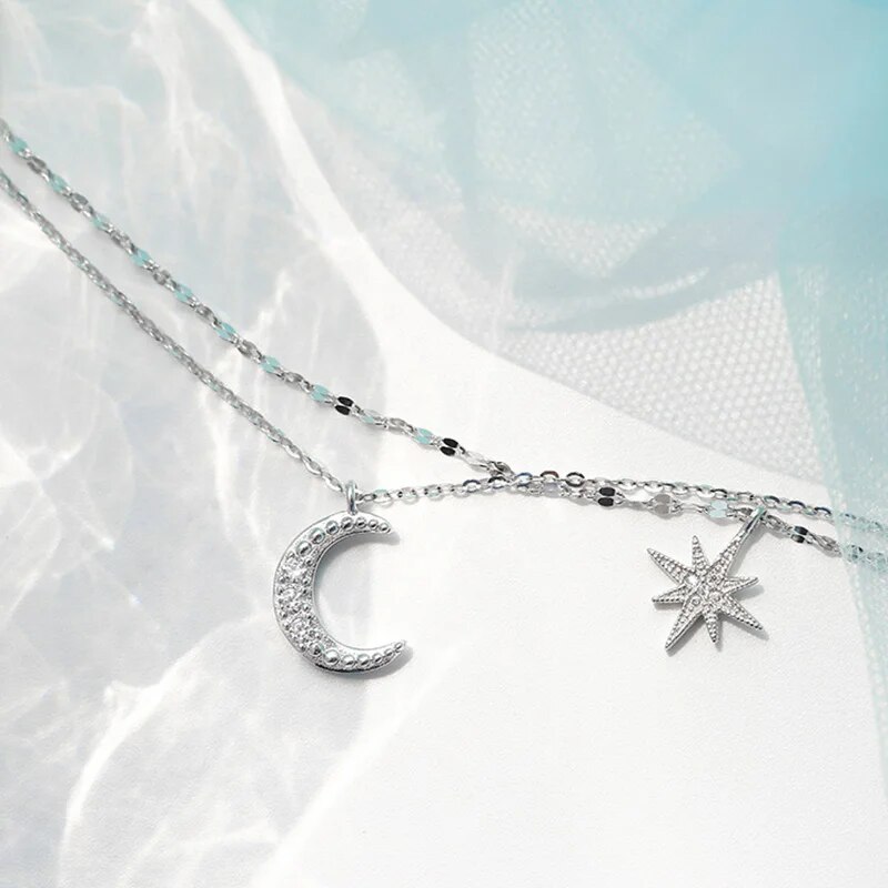 Colier elegant cu lună, stele strălucitoare, pandantiv stratificat, cu cerc, pentru petrecere de ziua de naștere, bijuterii la modă pentru femei_voghion.com