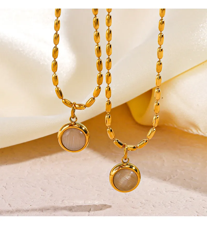 Halsketten mit Anhänger, kleine runde Jade-Halskette für Frauen und Mädchen, trendig, schlicht, goldfarben, Edelstahl, Halskette, Schmuck_voghion.com