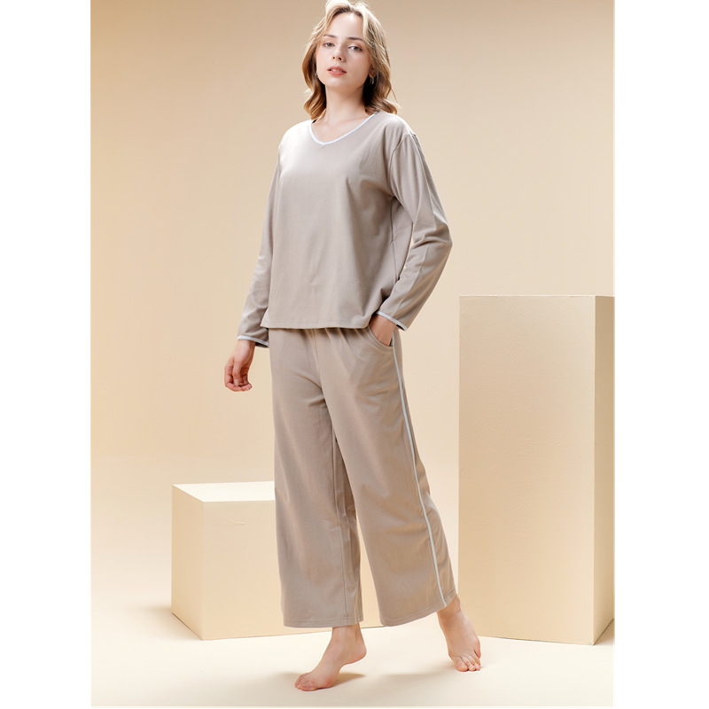Fløjl pyjamas sæt til kvinder v-hals pullover hjemmetøj sæt_voghion.com