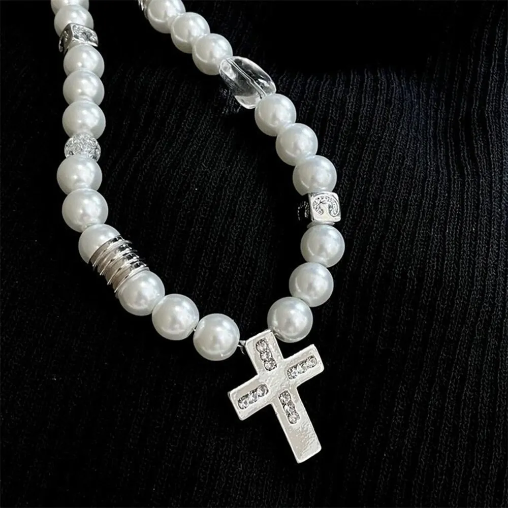 Edelstahl Kreuz Perlenkette Für Damen Und Herren Modeschmuck_voghion.com