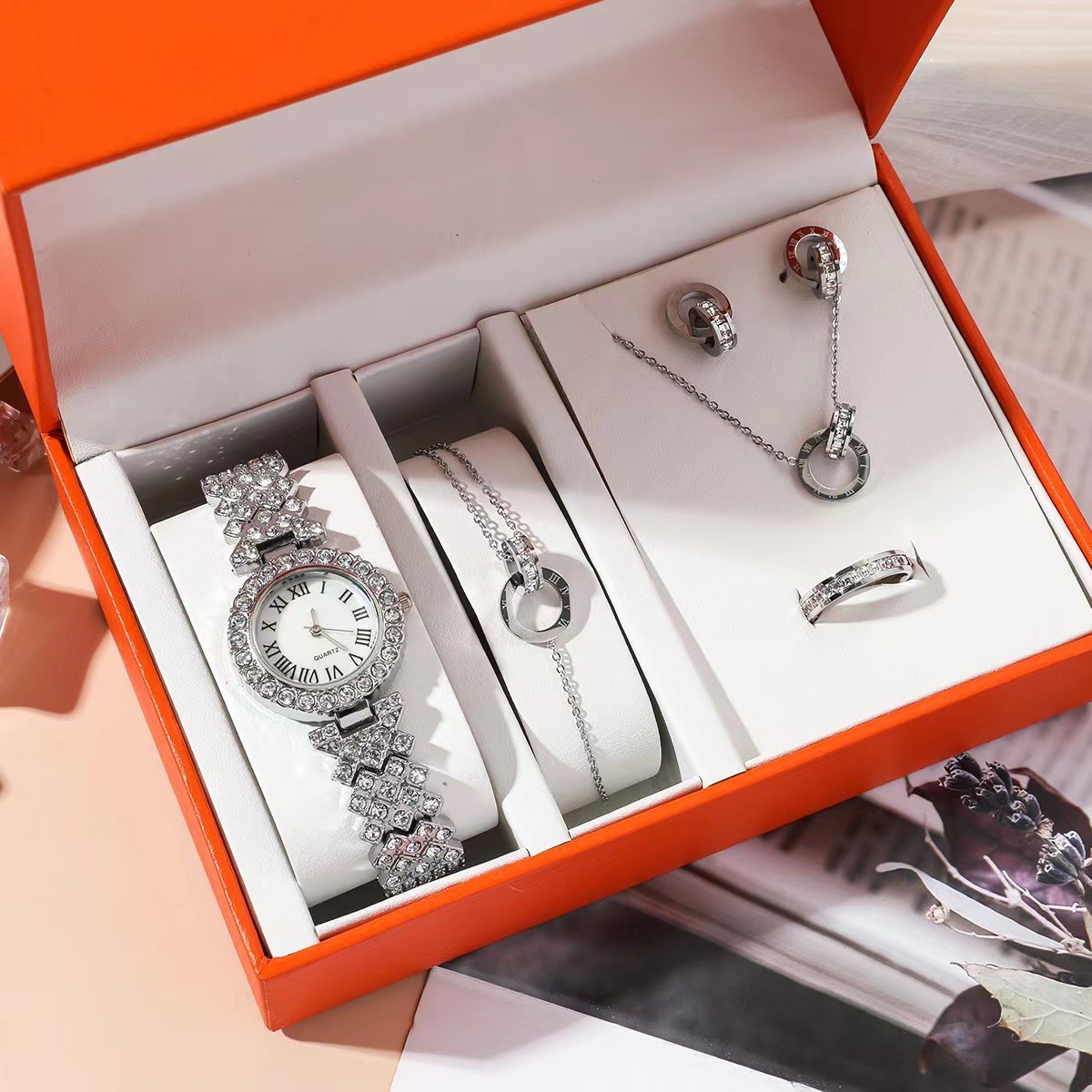 Women's Five-piece Watch + Bracelet + Ring + Earrings + Necklace Fashion Gift Box Quartz Wrist Watch