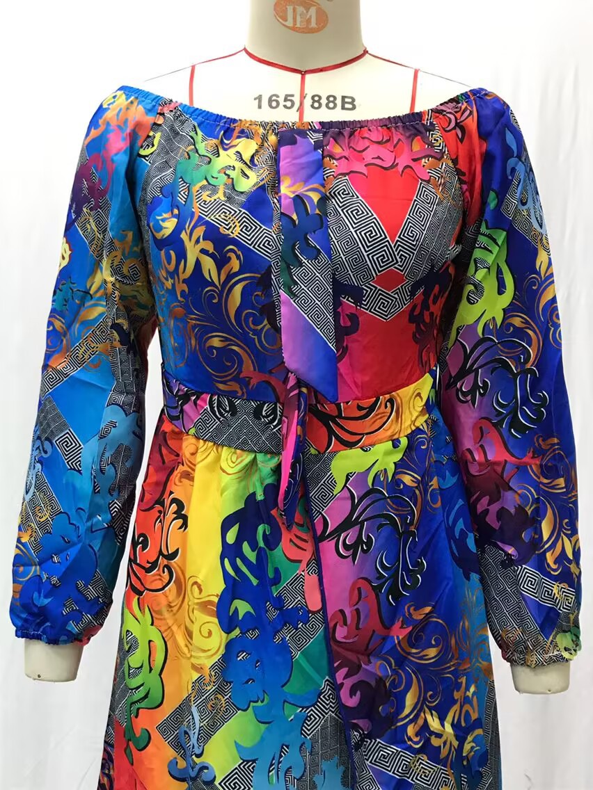 Dress Printed V-neck Retro Long Sleeve Swing Slit Long Dress_voghion.com
