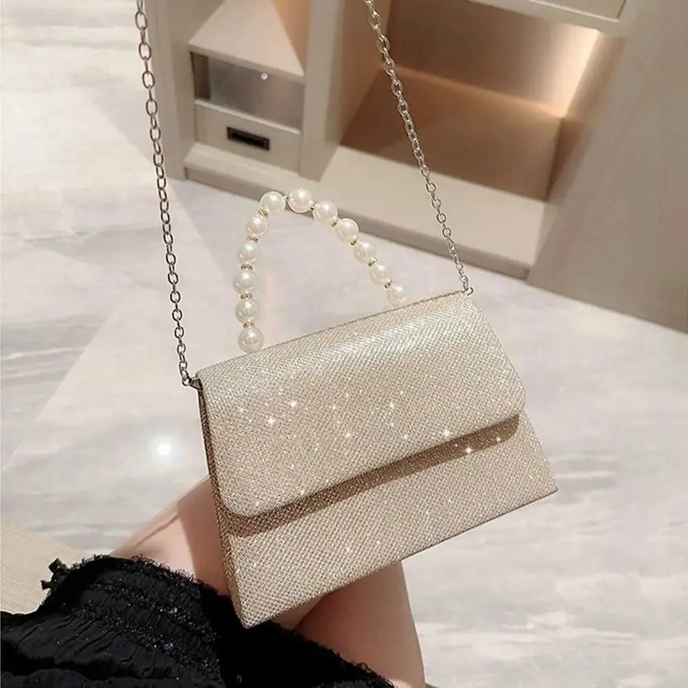 Perlenkette Schultertasche Gold glänzende Seide Abendtasche elegante und modische sphärische Clutch Damenhandtasche Y241019_voghion.com