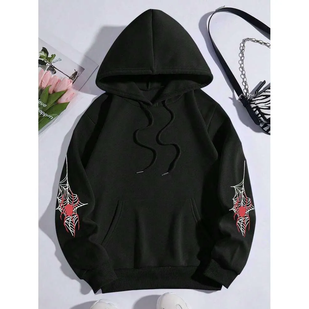 Hoodie mit Rundhalsausschnitt und Spinnweben-Aufdruck für Damen, warmes Fleece-Sweatshirt, modisch, lässig, Tracuit, übergroß, für Damen_voghion.com