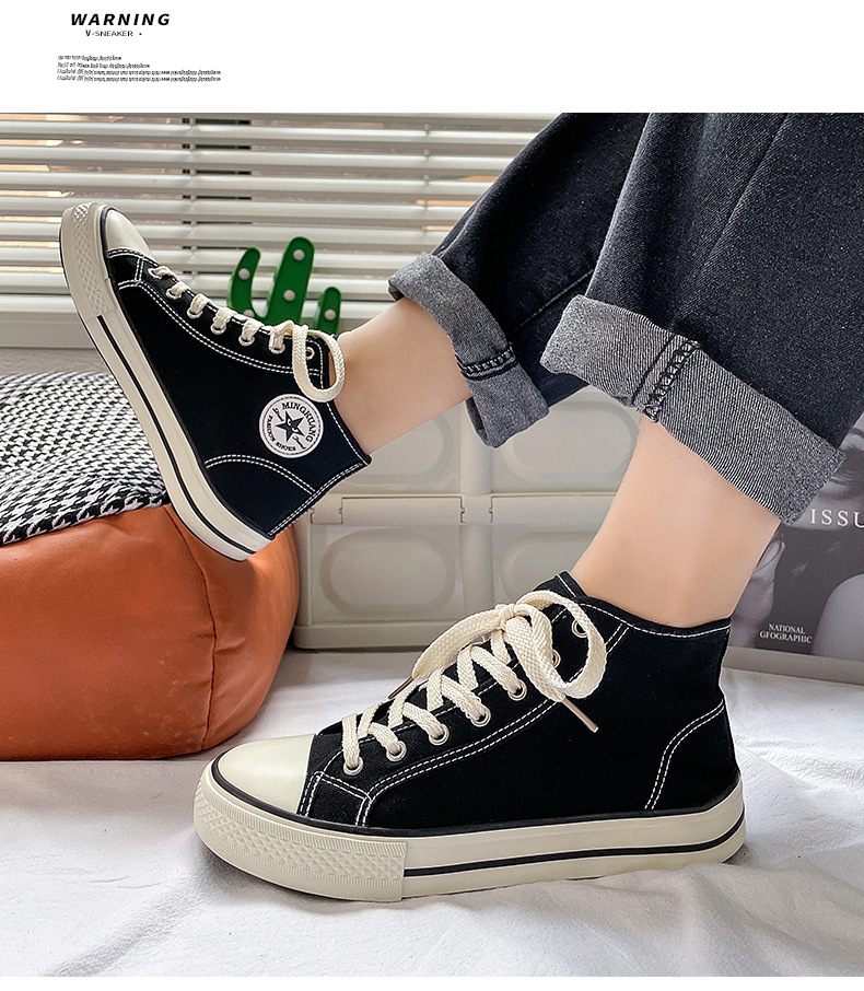 High top men's classic spring canvas student Korean vulcanized round toe casual board shoes, cloth shoes_voghion.com