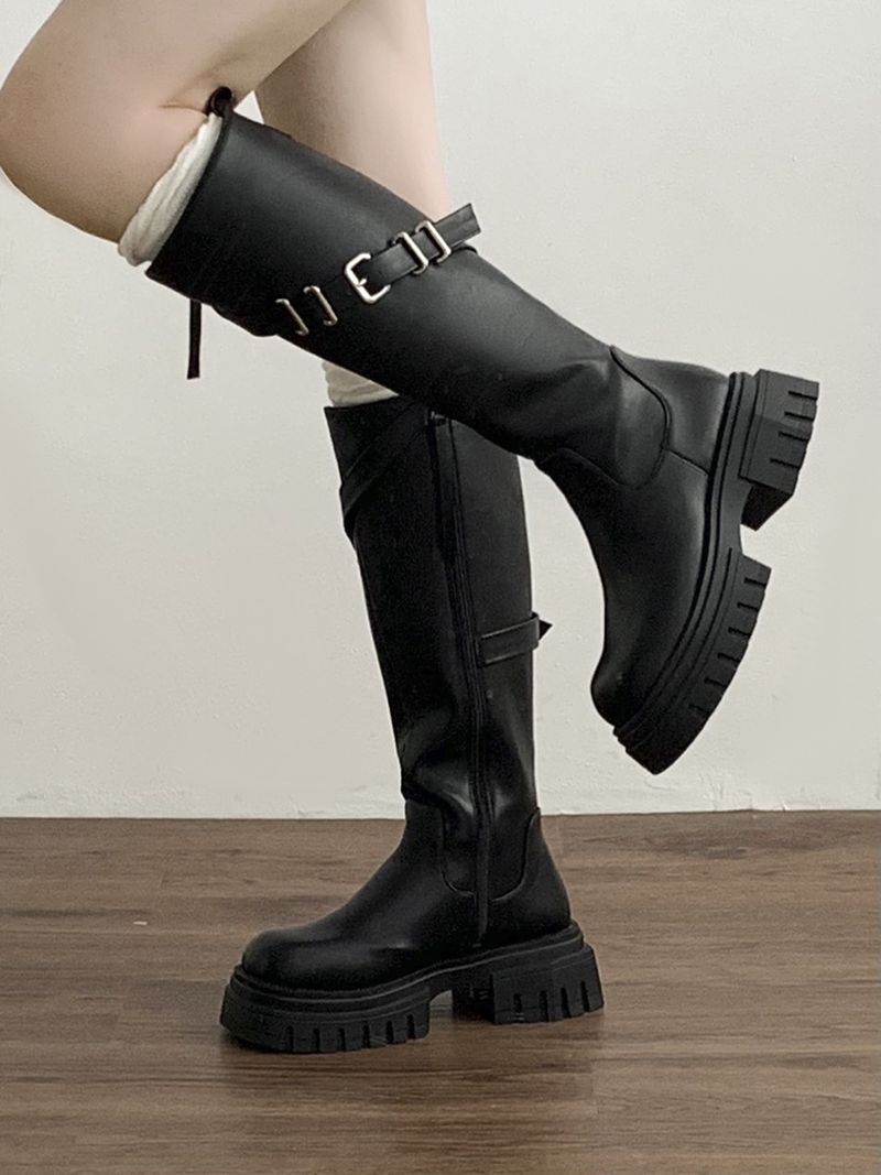 Freizeit Britische schwarze knielange Schlankheitsstiefel mit dicken Sohlen lang für Damen 2024 Neue Herbst- und Winterstiefel mit dickem Schaft_voghion.com