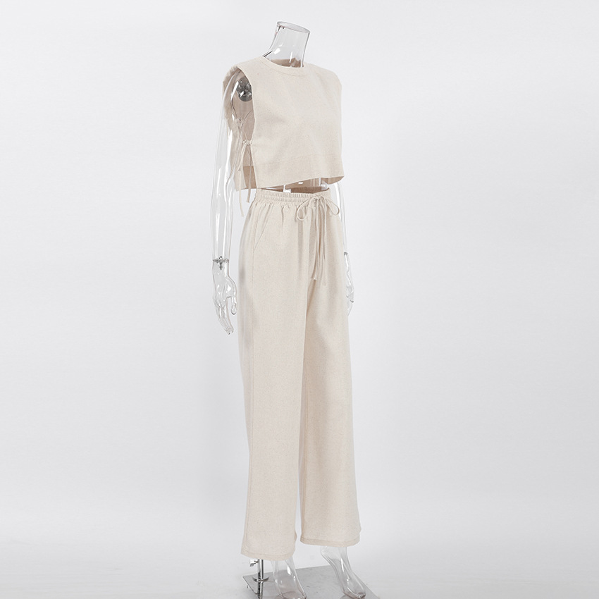 Women's Clothing Fashion cotton and linen suits style shoulder pad sleeveless tops and trousers two-piece suits_voghion.com