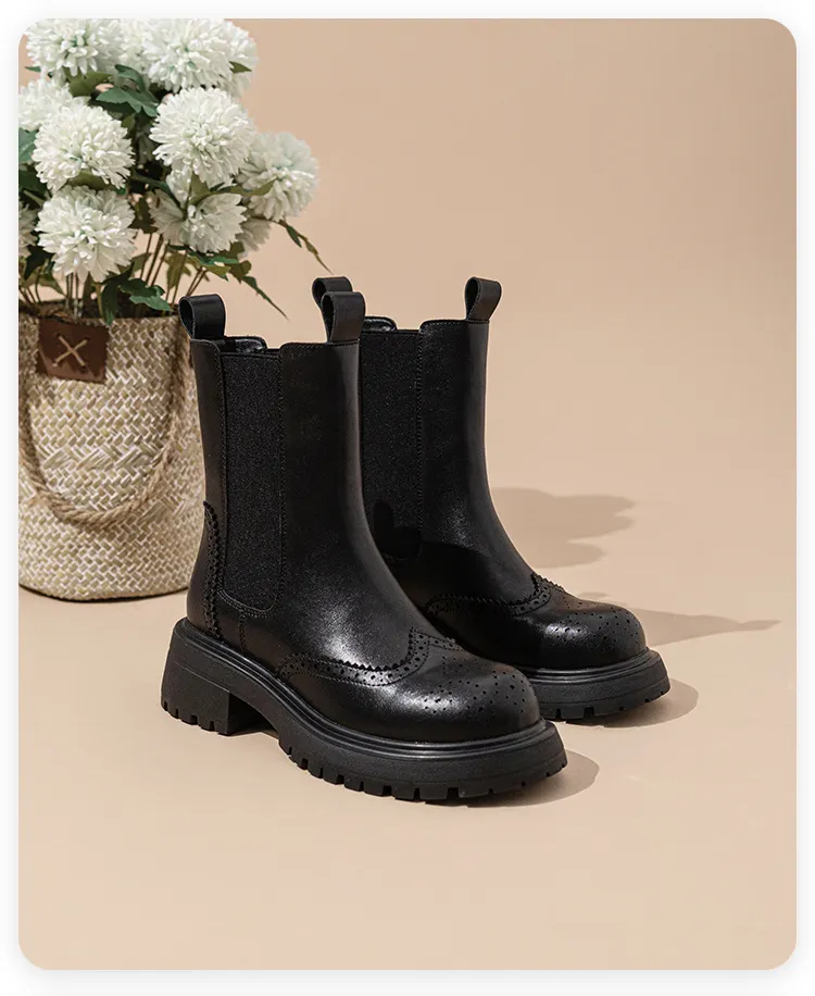 Echte Leder Brogue Chelsea Boots Für Damen Mit Dickem Absatz_voghion.com