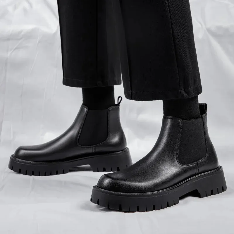 Herren-Arbeitsschuhe im britischen Stil mit dicker Unterseite, wasserdicht, lässige Mode, klassische, bequeme Lederstiefel mit hoher Spitze und runder Zehenpartie_voghion.com