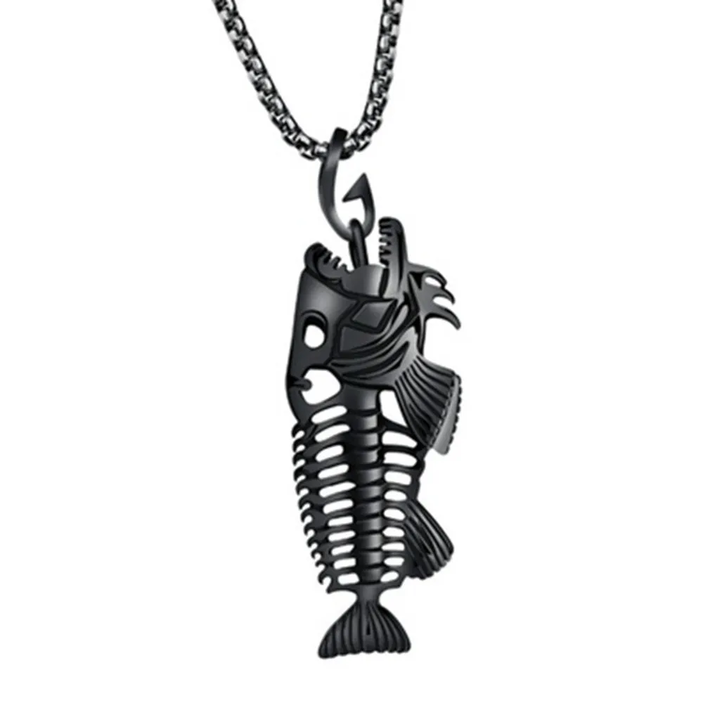 Collier pendentif squelette de poisson en os unisexe chaîne de surfeur bijoux de couleur argent_voghion.com