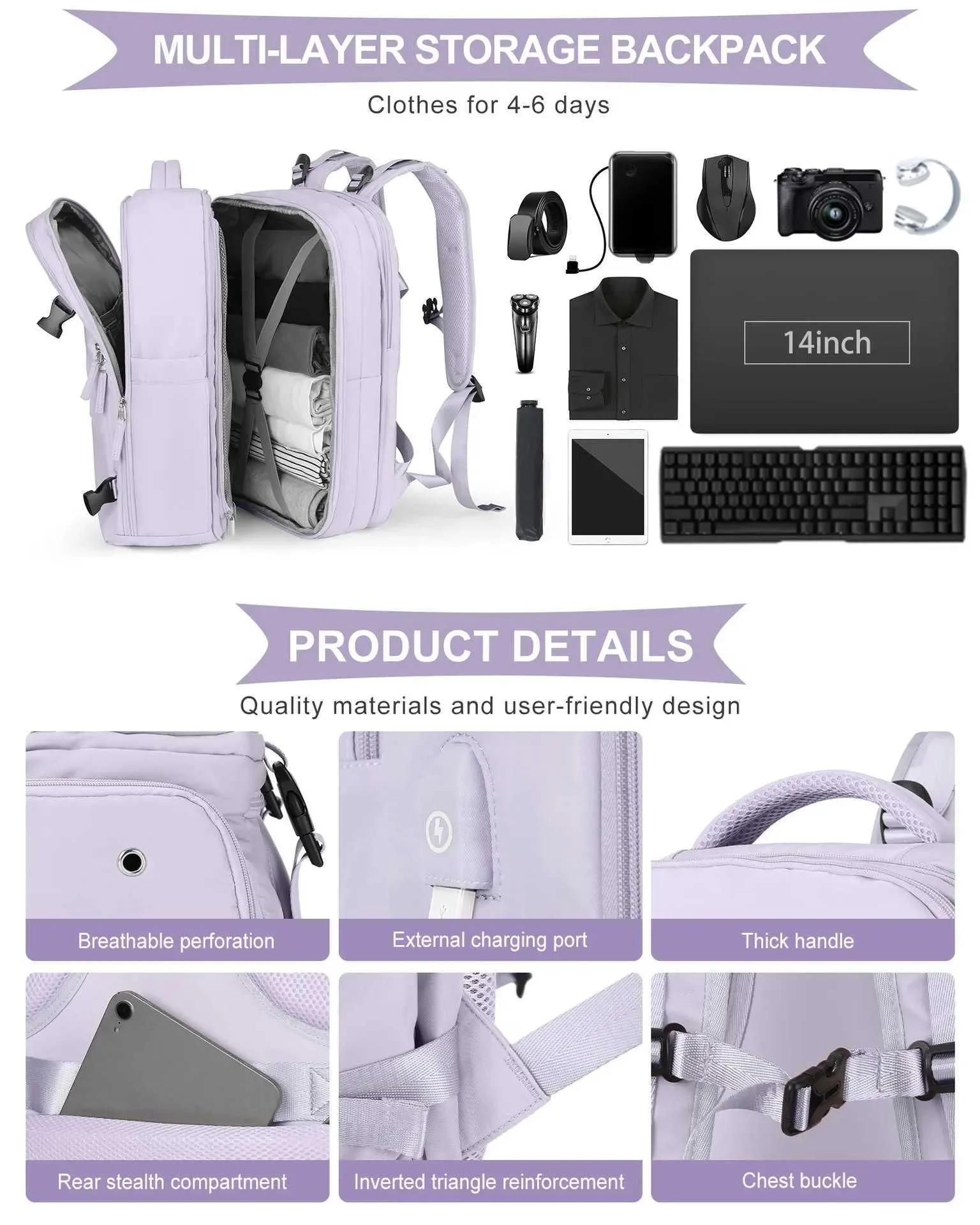 Reiserucksack für Frauen, Handgepäck, Laptop-Rucksack, flugzugelassen, Flugzeugtasche, Ryanair Business Lage Ba241116_voghion.com