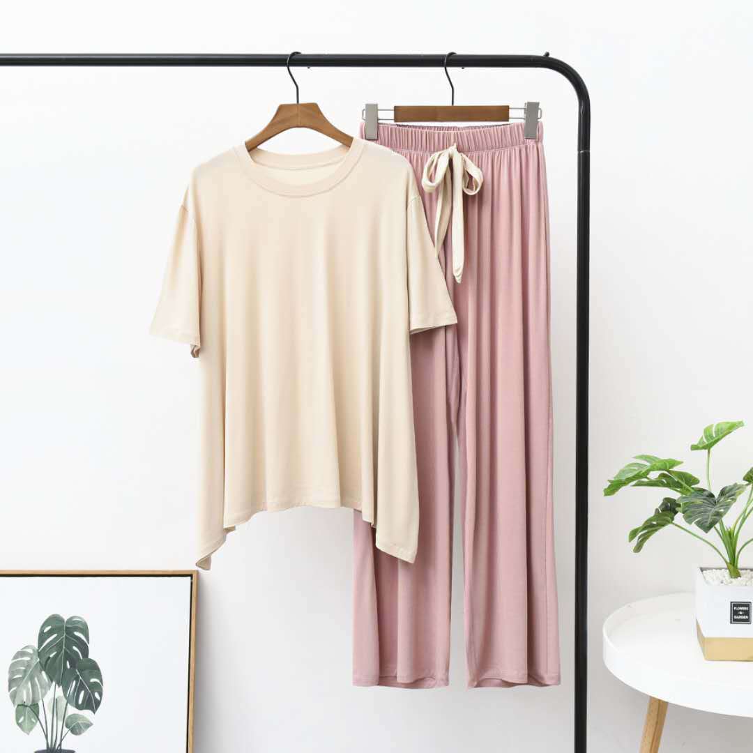 Vêtements pour femmes Pyjama fin en modal pour femme pull à manches courtes pantalon large peut être porté à l'extérieur de la maison_voghion.com